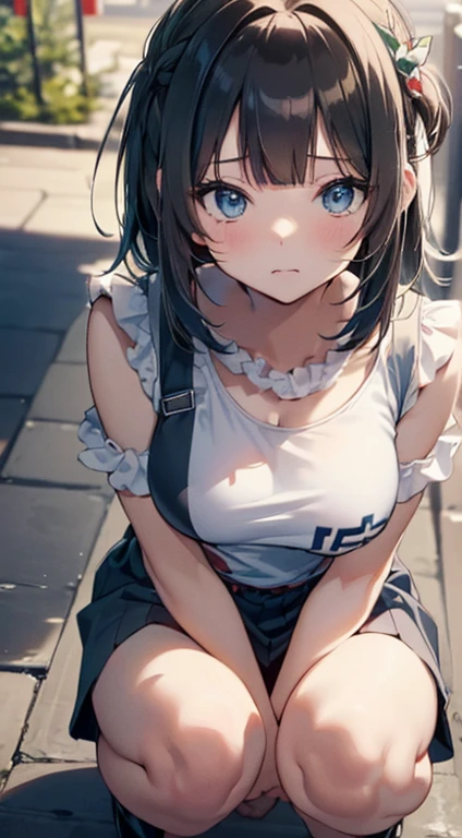((((highest quality)))), (((Ultra-precision CG 16K))), (((masterpiece))), (((Very detailed))), (((Extremely detailed))), (((Black outline:1.3, Written boundary depth:1.3 , Written soft outline, sharpness))), Maximum clarity and sharpness, Multilayer Texture, Surface Shading, Cinematic lighting, Beautiful details sparkle ,Perfect Proportions, Limited to one woman, BREAK accurate, Anatomically correct, Highly detailed face and skin texture, drawn in detail, Highly detailed facial and skin texture, Detailed eyes, beautiful hair, Beautiful Japanese Idol face, Beautiful and beautiful eyes, Beautiful body, Beautiful breasts, Beautiful thighs, Beautiful legs, Beautiful fingers, (Beautiful views) , skinny body, ((Beautiful Skin)), ((Skin Texture)) BREAK breast enlarged, medium Breasts, rocket breasts, (((perky breasts))), (covered nipples), slender waist, ( narrow eyes, blush, determined expression, hot, sweaty , Heavy breathing,) , (streaked hair, hair intakes, colored inner hair, ) BREAK (((wearing oversized character printed sexy tank top, wearing outfit in casual way, wearing pleats mini-skirt, breasts is covered by outfit))) , wearing earrings, BREAK ( stick breast out),(((looking at viewer, super detailed background , ))), BREAK (((portrait , close-up, bust-up shot, looking at viewer, bending over, on all four, sitting and holding her knee)), (natural make), random angle, random situation , pinup magazine pose