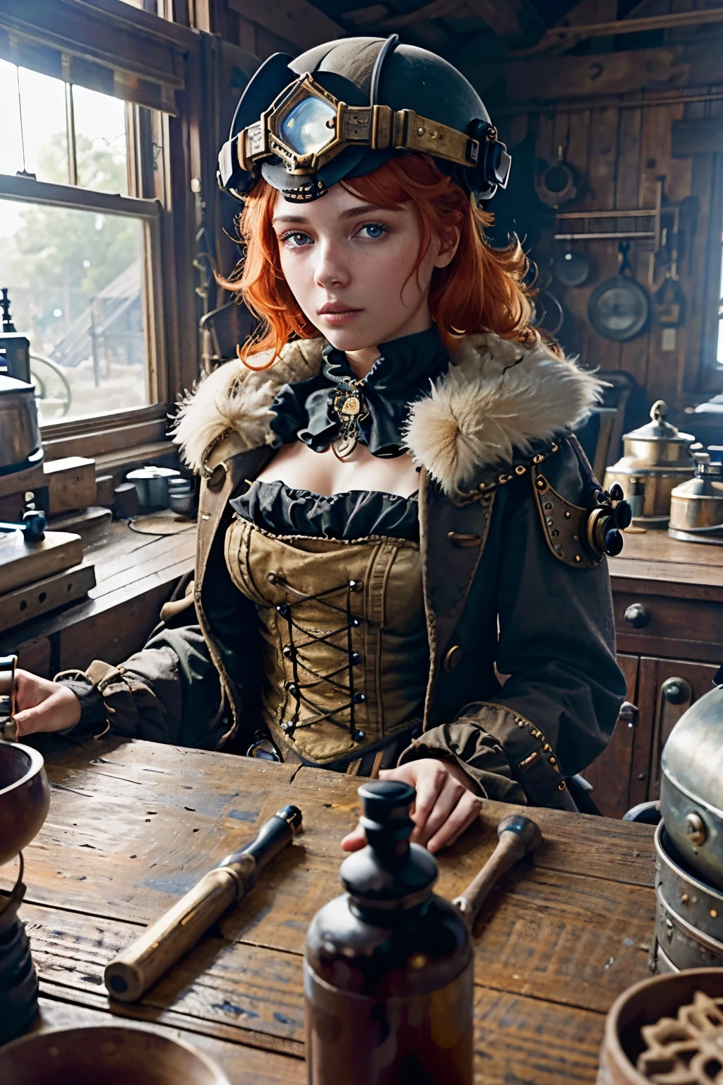 (8k, RAW photo, highest quality), beautiful girl using tools next to a desk, in a factory,  water pipe, water tank, 18 century,  red head, steampunk aviary helmet ,avairy coat, (detailed eyes:0.8), (looking at the camera:1.4), (highest quality), (best shadow), intricate details, interior, dark studio, muted colors,  (steam punk),