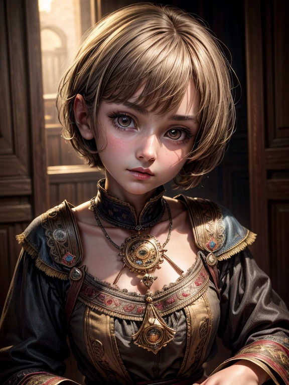 (masterpiece,High quality,Top quality,super detail, best quality ,)1 woman,short hair,,Face details,Skin details,beautiful,cute,A large wooden puppet is in the background,Detail of wooden puppet,Hd