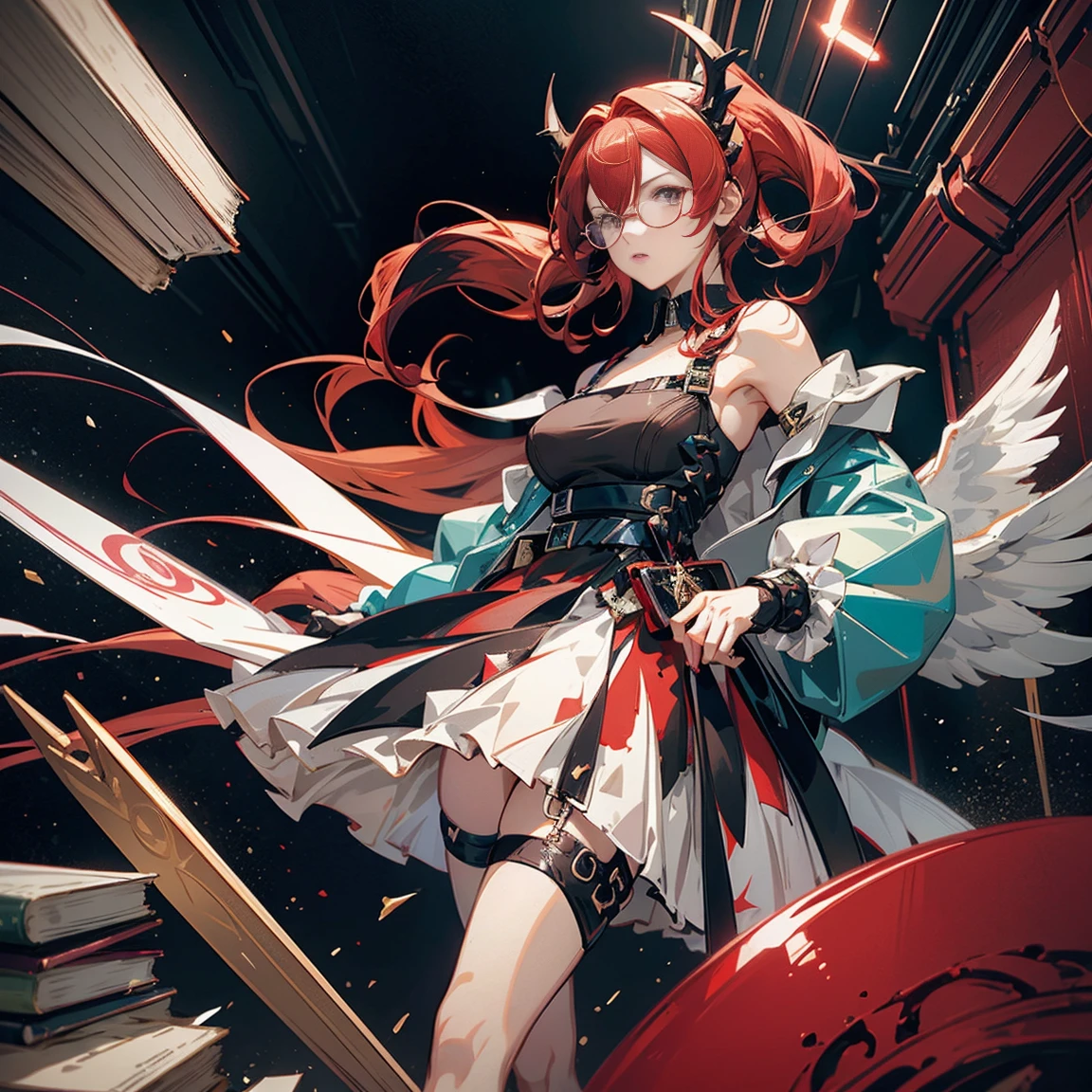 Mature anime girl (28 years old), red hair, high ponytail, one white streak of hair in the front, crystal hair band , ((glasses)), librarian dress, shoulder pads that look like wings, color palette red gold and teal, books