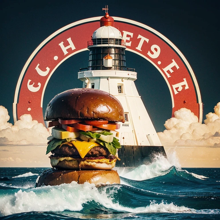 Create a retro logo with a lighthouse. With the lighthouse and the burger in evidence