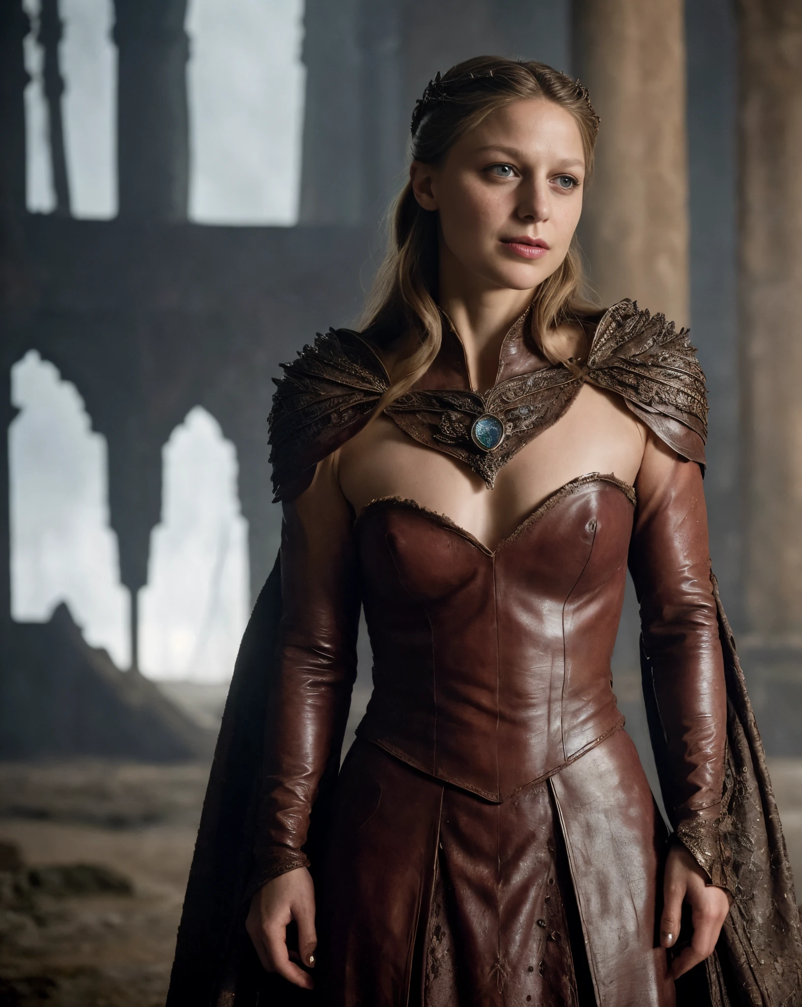 ( Photograph of Melissa Benoist as hot queen ) Alayne Stone, Gorgeous Woman, Queen, queen lady, Lady of Winterfell, Wardeness of the North,) the de facto Lady of the Eyrie, 40 years Old, she  a Full growned mature lady now, beautiful mature lady, the queen, milf beauty, mature queen, a captivating woman, beautiful queen, empress, mediaeval queen, alluring appearance, unrivaled beauty, , mediaeval erotic costumes, a Game of Thrones-inspired costume, a close-up of a woman from the middle ages, scene from "Game of Throne," deep cleavage, warrior princess, healthy body, perfect thick body, attractive figure, fleshy body, style of "Game of Throne,", stunning woman, dress made of leather  clothe ( ( insanely detailed realistic skin texture, pores, wrinkles ,freckles) , realistic environment, detailed ultra realistic facial features perfect body parts, ( hyper photorealistic) )