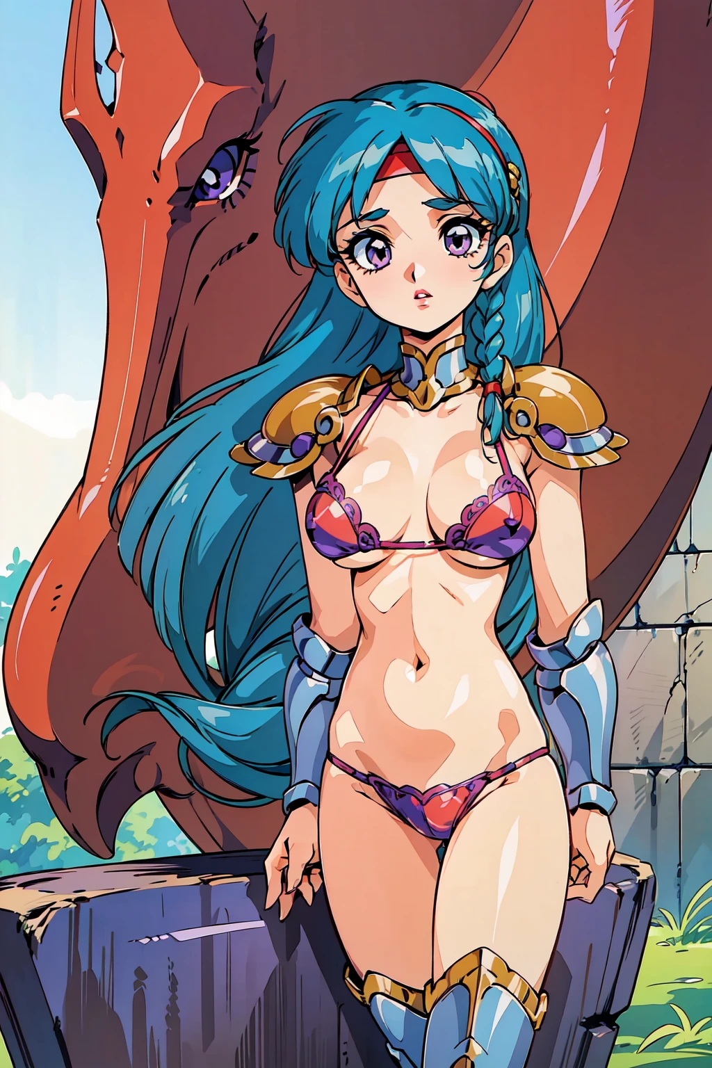 "(masterpiece:1.1), best quality,
1girl, (80s anime style:1.3), (eyelashes:1.5),
(intricate high detailed body:1.2),
(blue hair:1.1), (forehead, parted bangs, hairclip:1.1), (twin braids:1.1), (headband:1.2),
purple eyes, (red lip stick:1.3),
(slim body:1.1), (gigantic breasts:1.5),
(expressionless:1.2),
(lace bikini armor:1.2),
(knight armor, armored boots:1.2), (streaked hair:1.2), hand cuffs,
standing,
(upper body, cowboy shot, looking at viewer, from front:1.1),
daytime, outdoors"