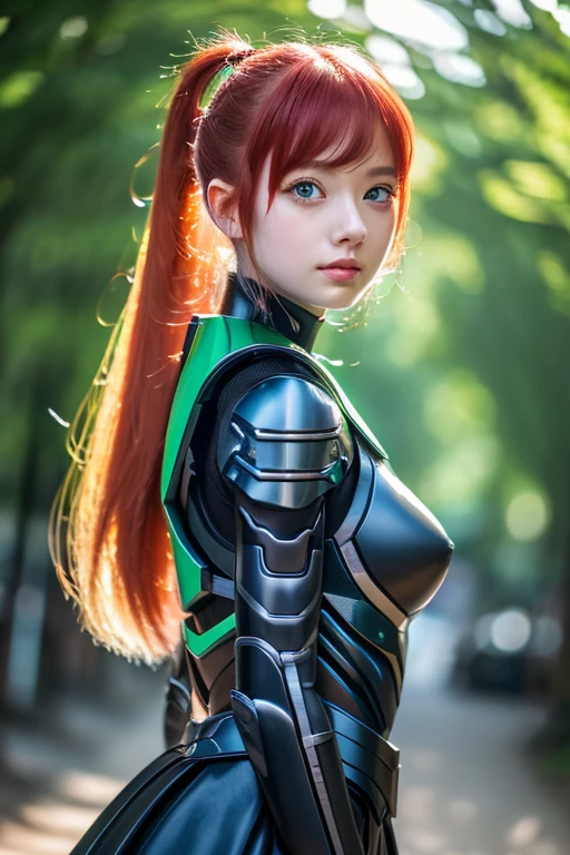 poneyTail、Young redhead、cyberpunked、mechanical suit、Green eyes、(Best Quality, 4K, hight resolution, masutepiece:1.2), Ultra-detailed, Realistic, radiant lighting,