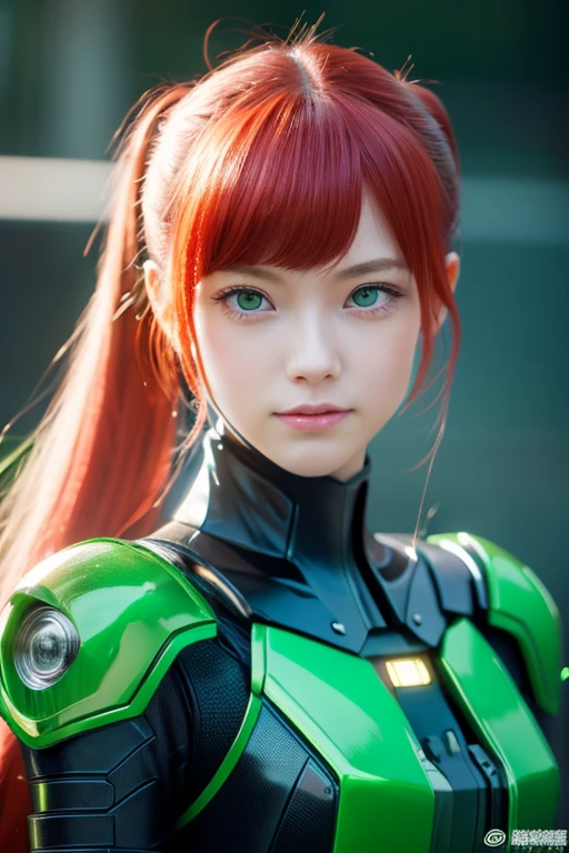 poneyTail、Young redhead、cyberpunked、mechanical suit、Green eyes、(Best Quality, 4K, hight resolution, masutepiece:1.2), Ultra-detailed, Realistic, radiant lighting,