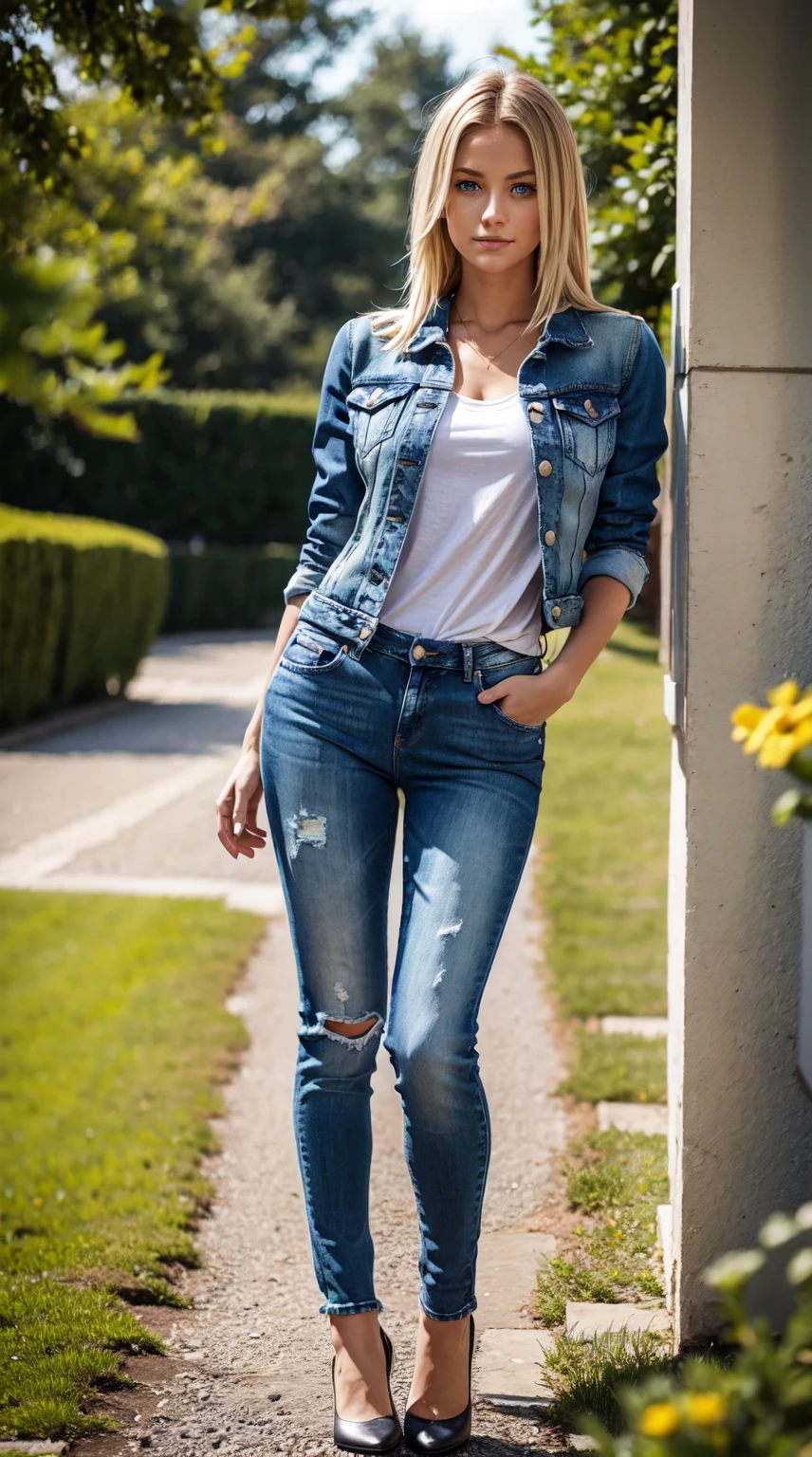 Meisterwerk, Atemberaubend realistisch, best quality, Sharpness,Scharfes Gesicht,fotorealistisch, Fotorealismus, 1人,18 Jahre alt,german girl,Blondes Haar,blue eyes,Stehen in einem Garten,arms behind back,full entire body,jeans jacket,tanktop,skinny jeans,