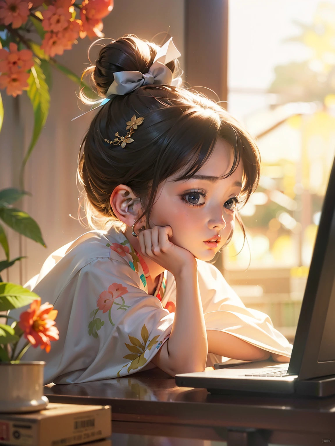 there is a girl that is looking at a laptop computer, adorable digital painting, artwork in the style of guweiz, cute digital art, cute detailed digital art, guweiz, digital anime illustration, trending on cgstation, digital anime art, beautiful digital artwork, soft anime illustration, kawaii realistic portrait, cute anime girl, anime style 4 k