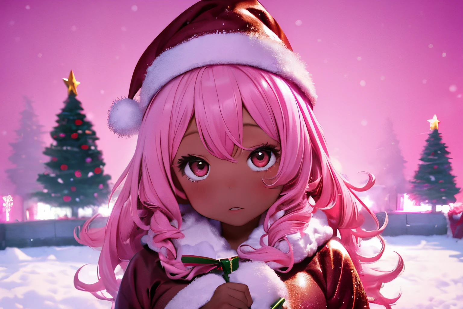 In a snowy city in winter,Voluminous and fluffy pink Santa costume,Christmas tree,Beautiful and fantastic night view,pink hair,black Eyes,There are many gifts and ornaments around, (((brown skin girl))), pink, light pink background, desaturated