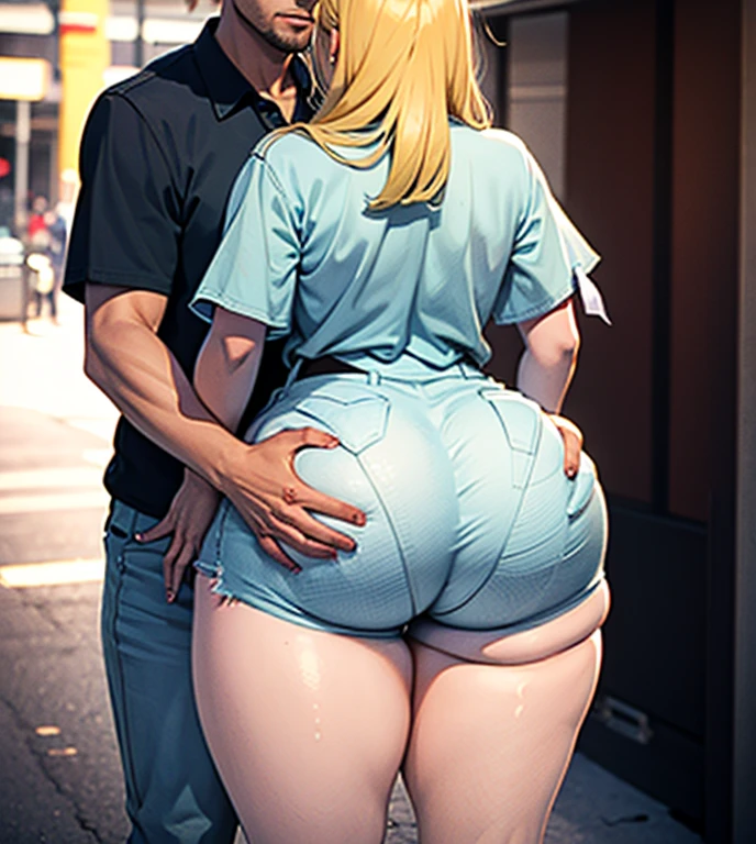 (One girl and one guy ONLY), The girl is blonde. The girl is curvy with thick thighs and a huge ass, a big thick ass. Girl is walking, The guy is groping the girl's ass, guy is squeezing girl's ass, he is grabbing her big ass as they hug. She is wearing jean shorts. She is blushing and he is smirking. Guy is grabbing her ass
