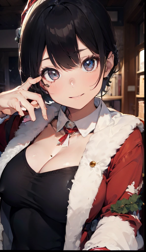 ultra-quality, ultla highres, Hyper Detailed, High contrast, Ultrafine Strike, creative refinement,A dark-haired,ssmile,Santa Claus Costume,Show cleavage,livingroom,5 fingers
