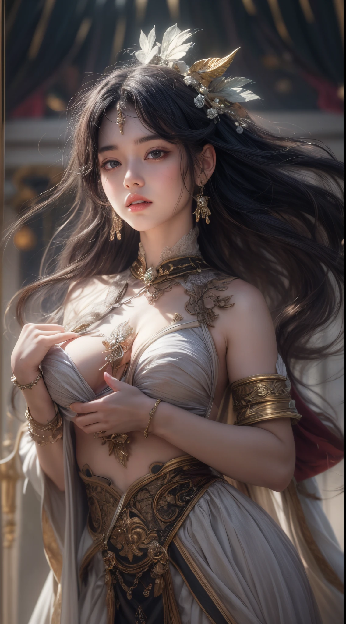 1girls,goddesses，Venus，Delicate and beautiful face,Medium long black hair，flowy，full breast，Convex buttocks，Roman skirt，perfectly proportioned, Detailed clothing details,Temple，arena，wonderland，Cinematic lighting, filmgrain, Fujicolor, light and darkcontrast, 8K, 巨作, Textured skin, Super detail, High detail, High quality, high resolucion, (NSFW)