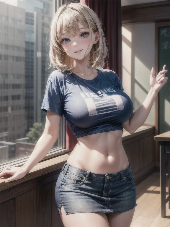 top-quality、Full limbs、complete fingers、Slender beauty、1人の女性、((Low-rise miniskirt、Crop T-shirt:1.3)), ((Beautiful Large Breasts、pointy breasts:1.3))、A big smile、Beautiful face、Naughty Poses、Dancing、Classroom、The sun is setting