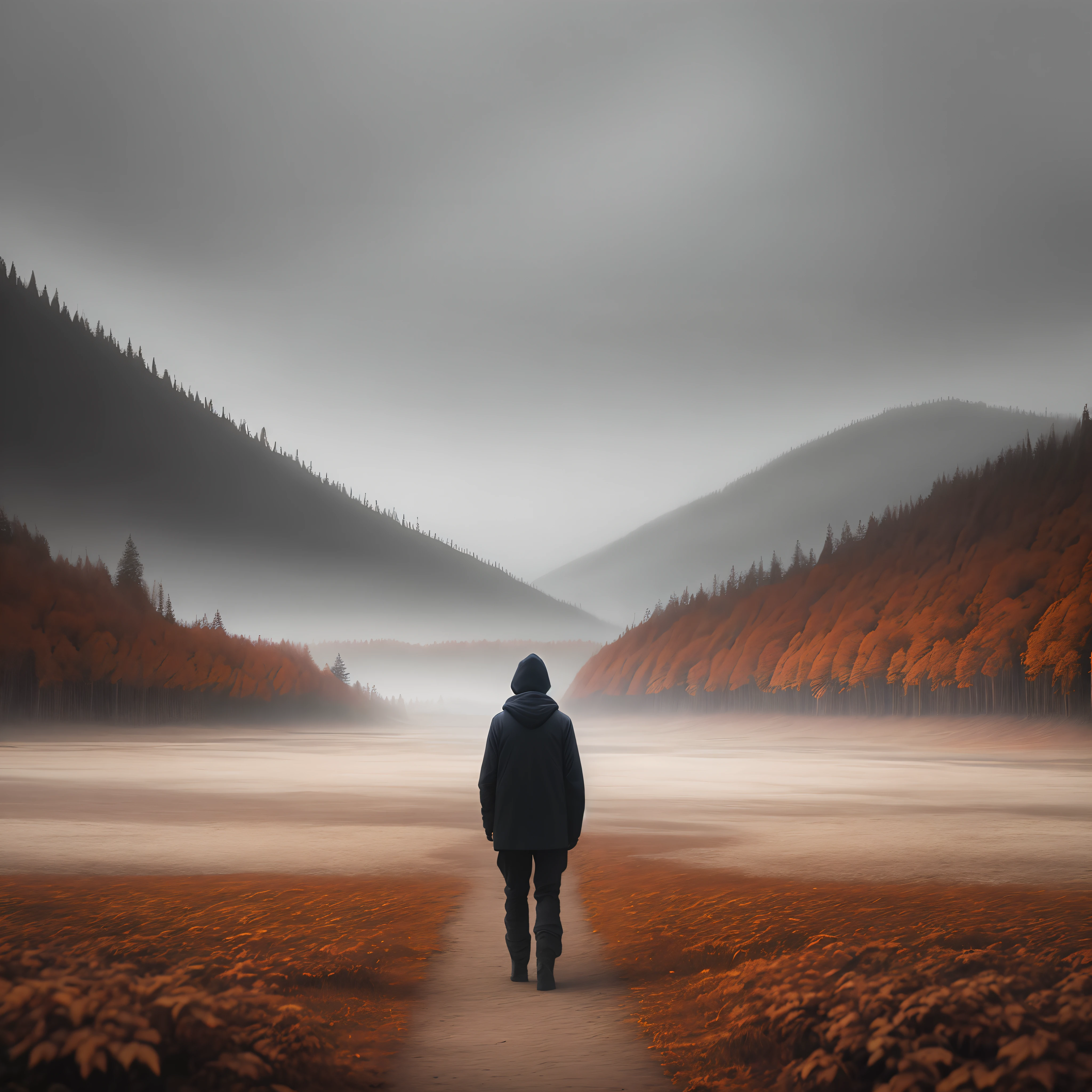 A lonely figure in the distance in the silent autumn field