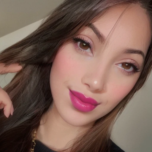 a close up of a woman with long hair and a necklace, pink lips, pink lipstick, close up face, inspired by Gina Pellón, inspired by Olivia Peguero, profile image, inspired by Briana Mora, thick lips, inspired by Robbie Trevino, closeup headshot, glowing magenta face, close up half body shot, full lips, rosey cheeks