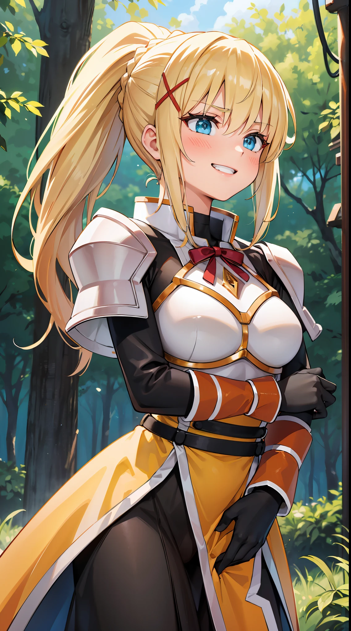 (in 8K, Raw photography, Best Quality, masutepiece: 1.2), high-definition RAW color photography, Professional Photography, Cinematic Light, (animesque:1.2), (1womanl), a blond, ((ksdarkness, ponytail, x hair ornament, armor, shoulder armor, bodysuit, black gloves, Yellow dress)), (Sharp face), (Detailed facial expressions), slenderbody, ((Show your teeth and smile, low angles:1.1)), (((upperbody shot))),((full-face blush)), ((in woods)), Realistic, Highly detailed, Photography, masutepiece, High quality, High quality, hight resolution, Professional Lighting,