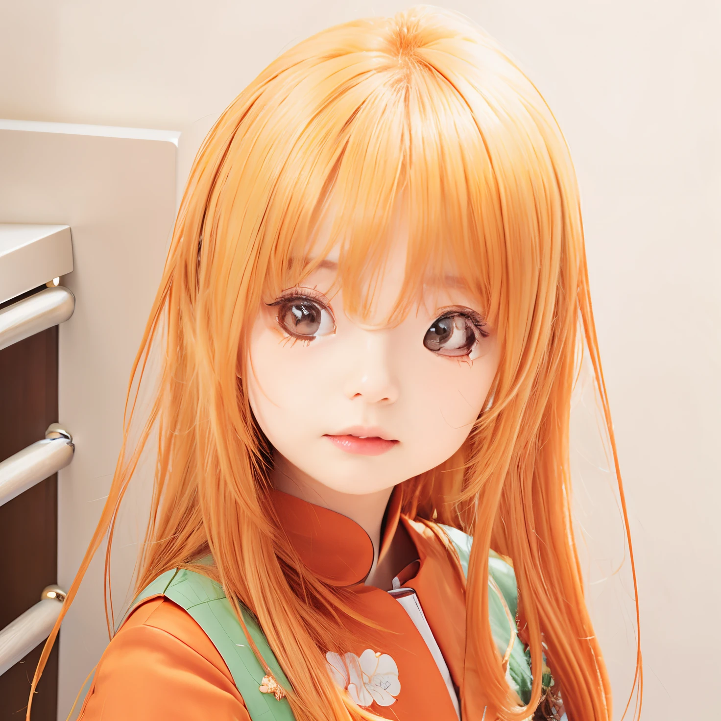 1 girl, Shiina advanced, orange clothes, long hair, orange hair,realistic,ultra detail,70mm lens