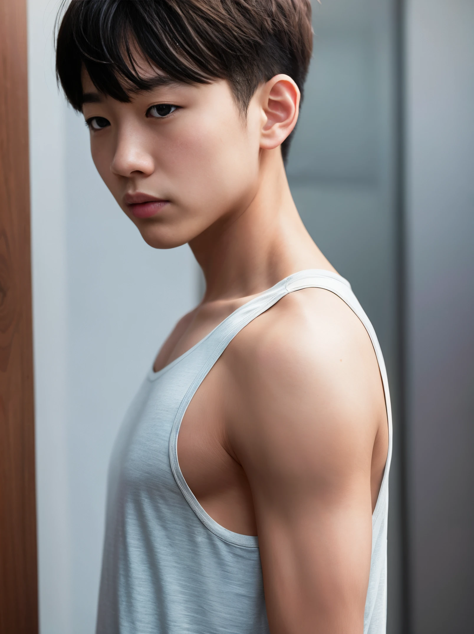 (1boy,shorthair),Korean boy, Tank top, Seen from the side, Close-up shoulder, (masterpiece:1,2),bestquality,masterpiece,highres,original,perfectlighting,(extremelydetailedCG:1.2),