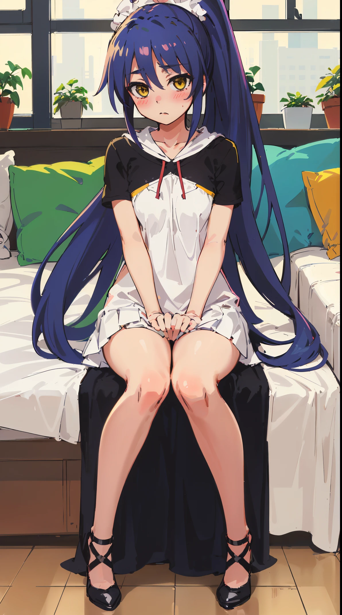 Blue-purple hair, dark blue eyes, long hair,  middle school student, , short,small breasts , round eyes, sparkling eyes, smiling a little There is，,，bed, (bottomless:1.4)，，(pussy are visible:1.1), Slip Dress