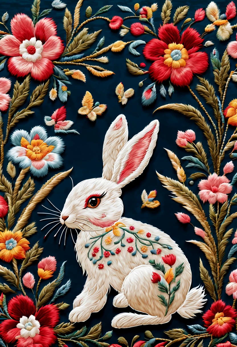 lovely rabbit, needle embroidery on silk, embroidery texture, Needlepoint, flat vector art, vectorial art, _background, fantasy art, whimsical, intricate, (best quality, masterpiece, Representative work, official art, Professional, unity 8k wallpaper:1.3)