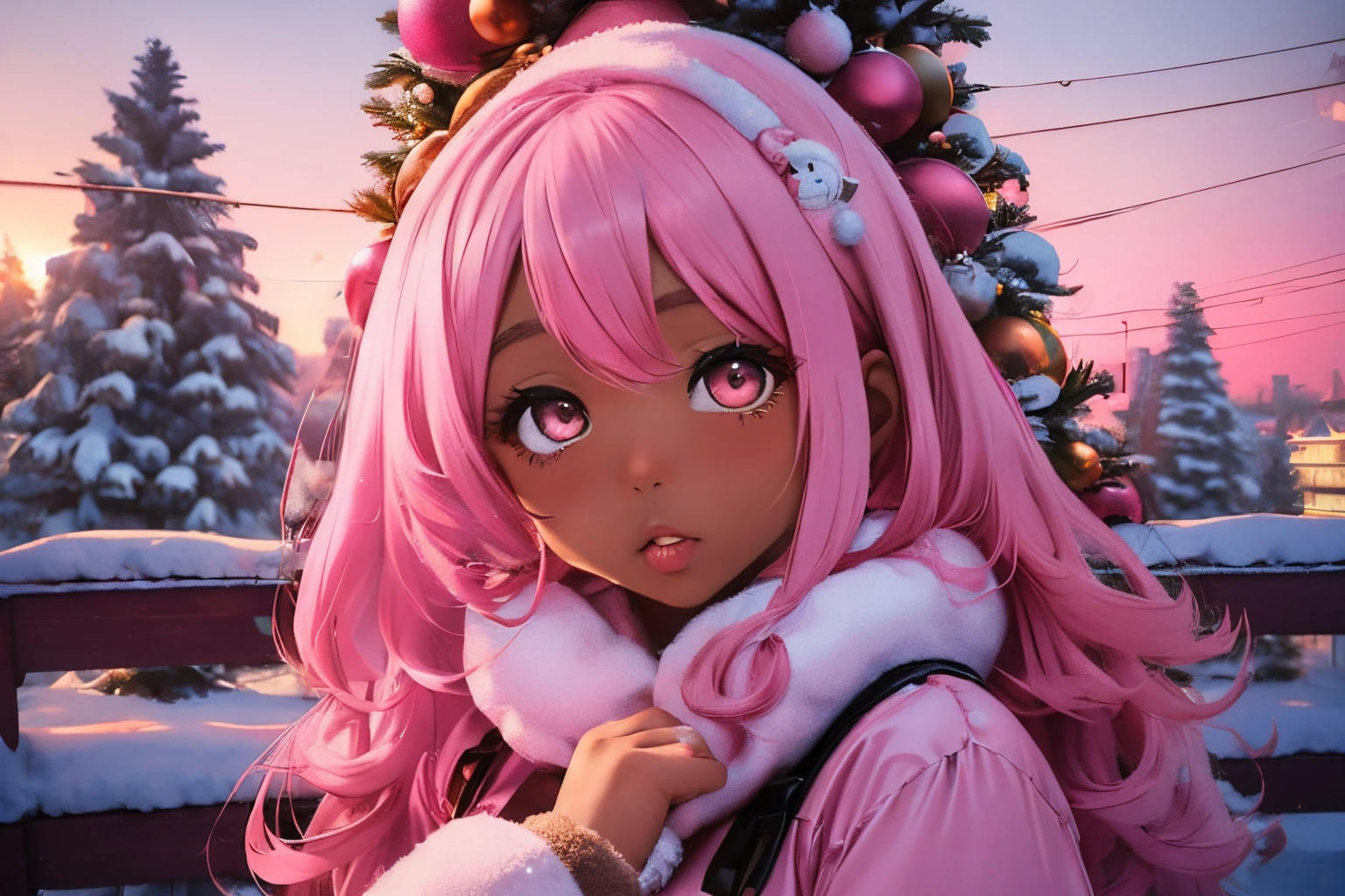 In a snowy city in winter,Voluminous and fluffy pink Santa costume,Christmas tree,Beautiful and fantastic view,pink hair,black Eyes,There are many gifts and ornaments around, (((brown skin girl))), pale pink, light pink background, desaturated