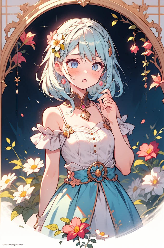 a girl with pastel hair and a complementary colored dress with flowers around her neck and shoulder, with a flowers in her hair, two-tone hair, Charlie Bowater, stanley artgerm lau, a character portrait, fantasy art, (cartoon:1.3), looking away,