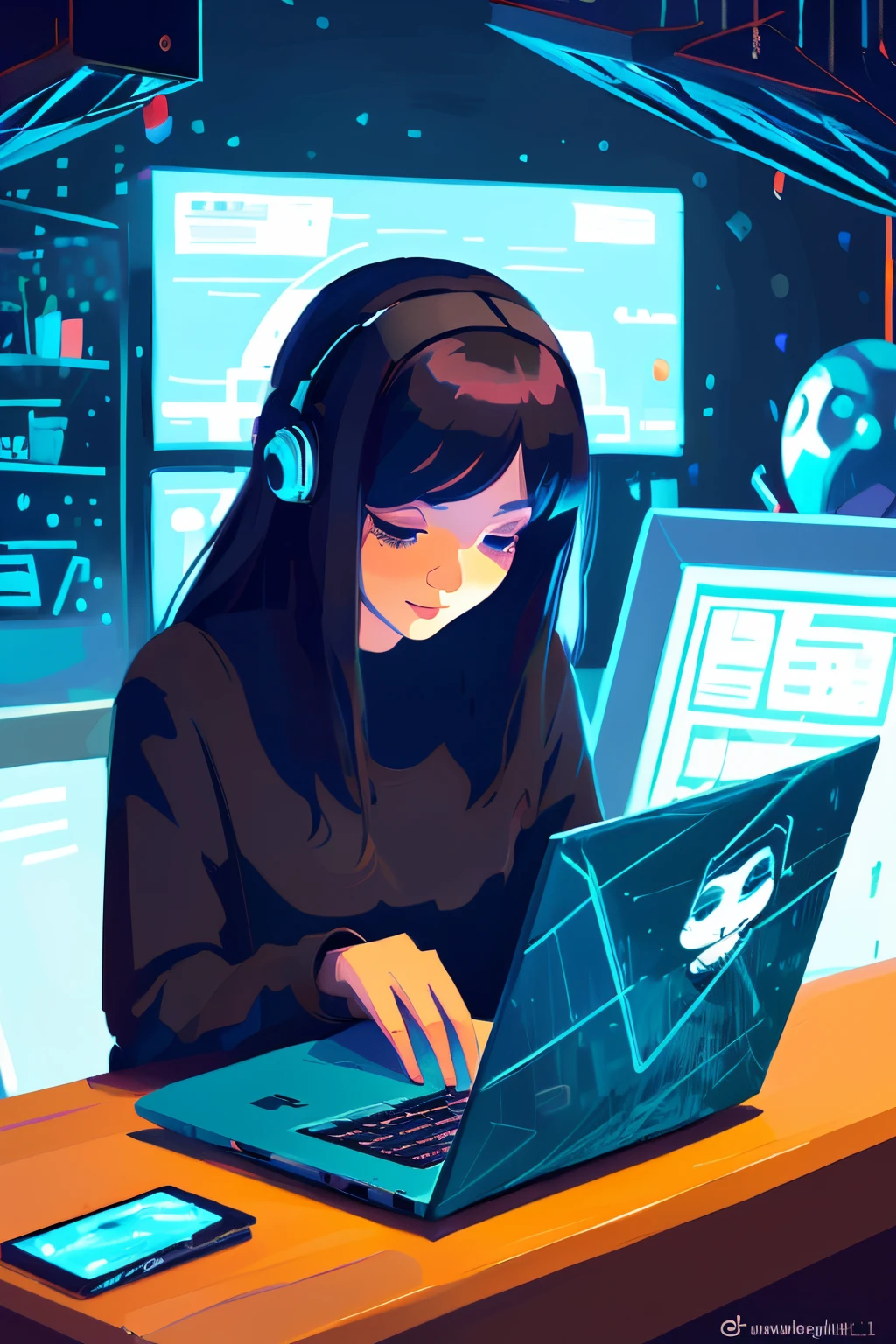 there is a girl that is looking at a laptop computer, adorable digital painting, artwork in the style of guweiz, cute digital art, cute detailed digital art, guweiz, digital anime illustration,beautiful digital artwork, realistic portrait, cute ,4 k