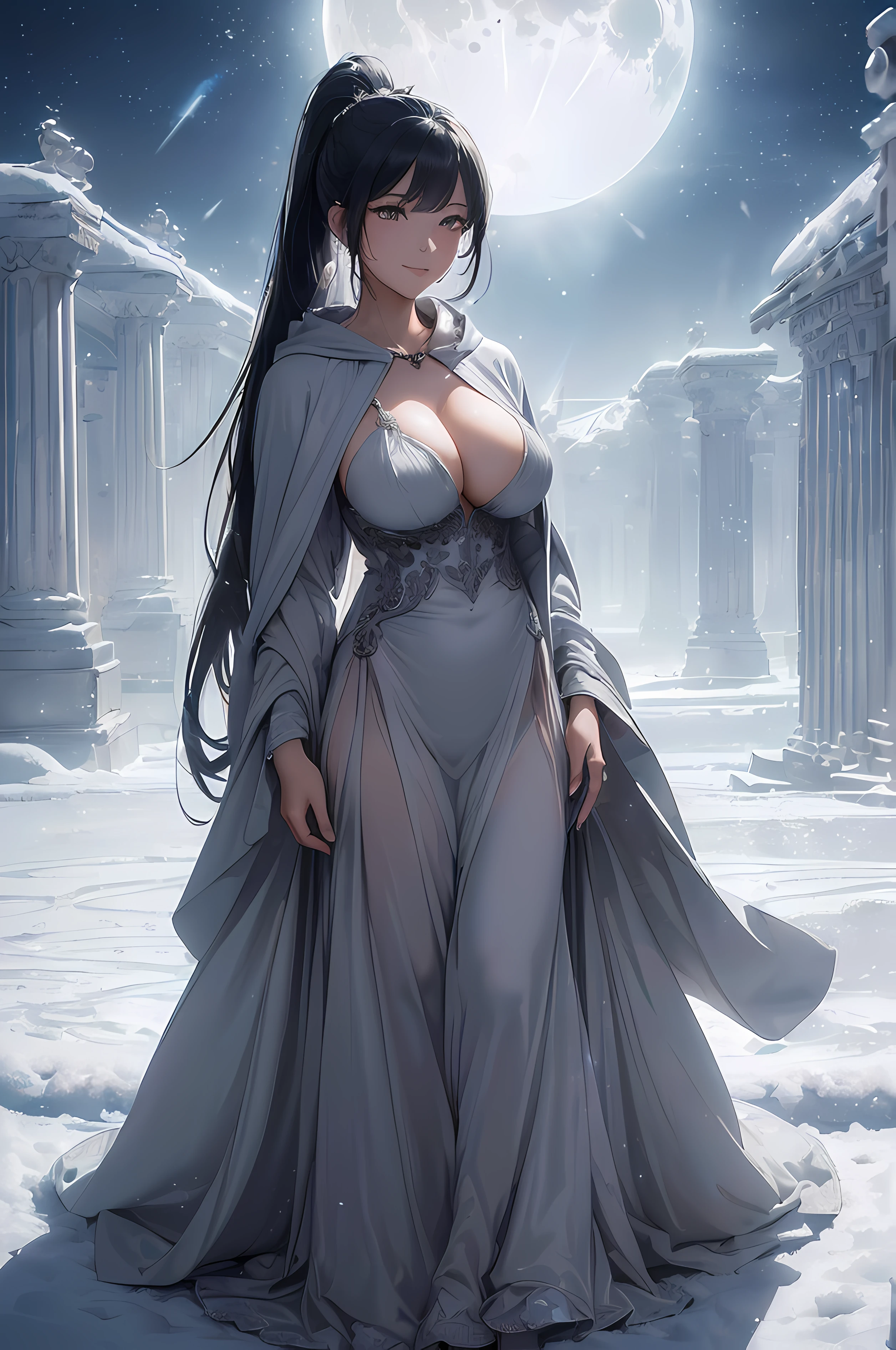 A beautiful woman, mysterious, ((((realistic oil art, 46-year-old Empress, mysterious vibe, vibrant look, (( mystery, mysterious, )), (( soft gray robe, soft gray dress, hoodie)), 1girl, masterpiece, extremely detailed, (beautiful detailed glow), lens flare, red flare lens, moon flare, clouds, backlighting, (blue sky)
, light from behind, shadow on the figure, sparkling snow ,smile, laughter, standing in the distance, looking at the viewer, full-length
, elegance under the moon, hair ornament, movement motion, image look alive, perfect body figure, very big breast, very big ass, beautiful face, milf, royal, black color hair, silky hair, shining hair, shine eyes, golden eyes, ponytail long hair style, beautiful skin, Extremely details hair, fine details, cinematic lighting, beautiful lighting effect, creative design, full body frame, divine aura, hard harmony , moon light, perfect color transition, perfect balance of contrast, perfect color layer, perfectly smooth color blur, soft rendering, smooth color stroke, moon glare, optic lens, moonlight ray, soft colors, smooth colors blend, perfect color rendering, harmony, perfect color harmony, beautiful color, soft harmony, light particles, perfect details, intricate details, color prism, fine details, refine details, different view point, extremely details clothes))), Tachibana Omina art style, mysterious eyes gaze, half a smile, slightly open mouth, a mysterious expression on the face, mysterious scene under the shadow, snow flake floating around, shadow, calm, breeze and sunlight, sun, lake, reflection, in the background, butterflies in the sky, shining butterflies, realism, ((Best quality))),8k,((Masterpiece)),(Extremely refined and beautiful)