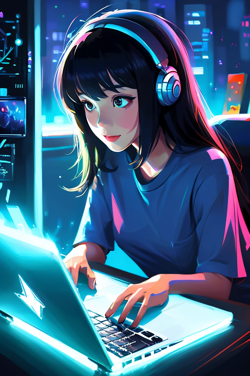 there is a girl that is looking at a laptop computer, adorable digital painting, artwork in the style of guweiz, cute digital art, cute detailed digital art, guweiz, digital anime illustration,beautiful digital artwork,  realistic portrait, cute ,4 k