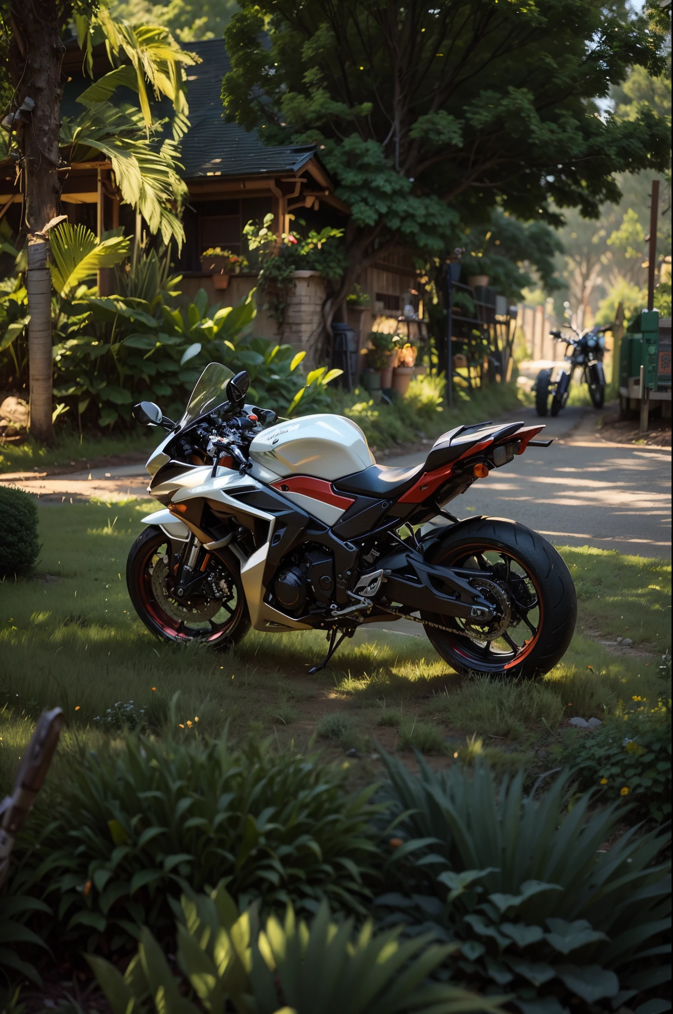 there is a motorcycle parked in the grass in the yard, front side full, taken with sony alpha 9, motorcycle, taken with sony a7r camera, motorbike, r6, photo taken with sony a7r, taken with canon 5d mk4, white red, taken with canon eos 5 d mark iv, ryuko matoi
