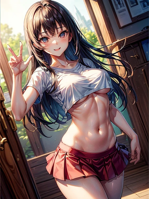 top-quality、Full limbs、complete fingers、Slender beauty、1人の女性、((Low-rise miniskirt、Crop T-shirt:1.3)), ((Beautiful Large Breasts、pointy breasts:1.3))、A big smile、Beautiful face、Naughty Poses、Dancing、Classroom、The sun is setting