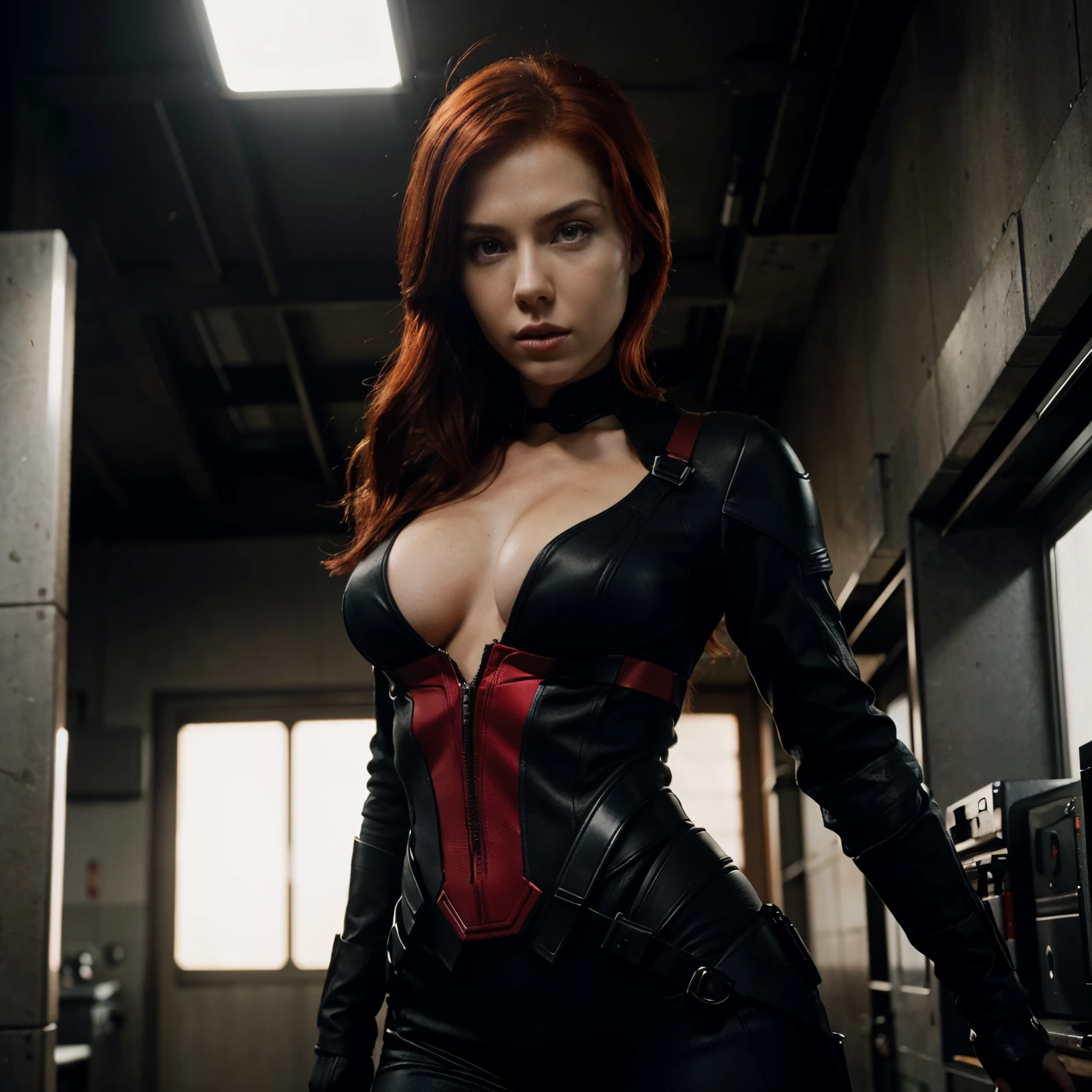 red hair, black widow, perfect body, perfect face, action, cinematic, 4k