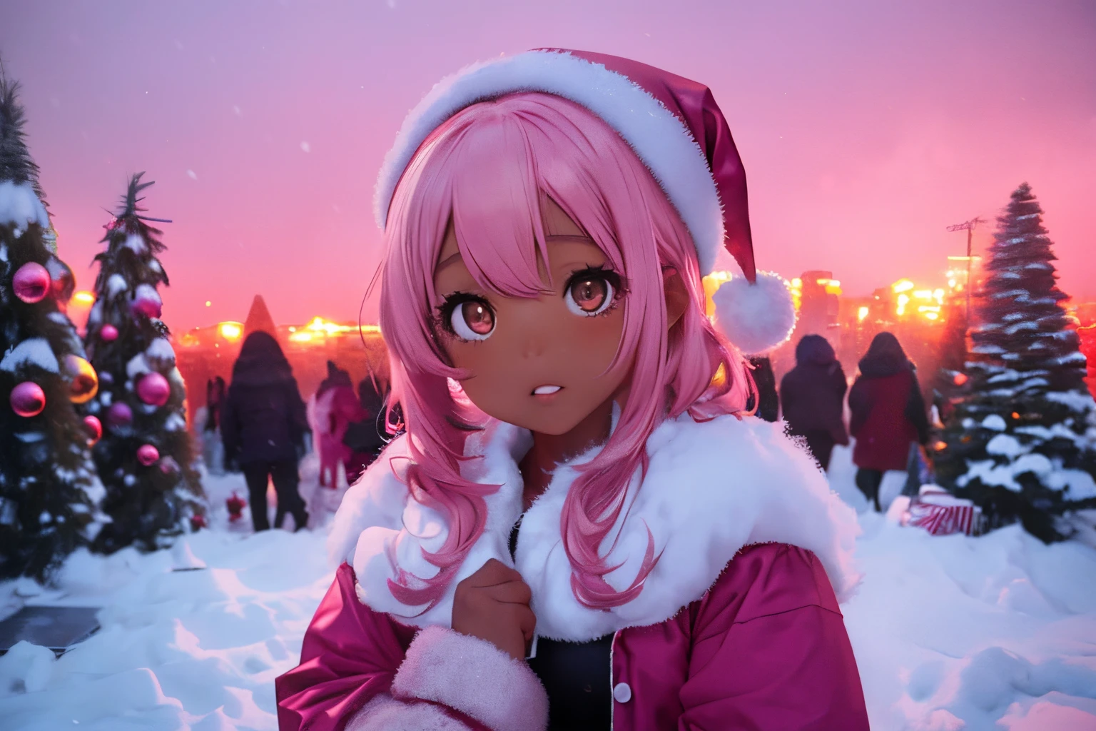 In a snowy city in winter,Voluminous and fluffy pink Santa costume,Christmas tree,Beautiful and fantastic view,pink hair,black Eyes,There are many gifts and ornaments around, (((brown skin girl))), pale pink, light pink background, desaturated