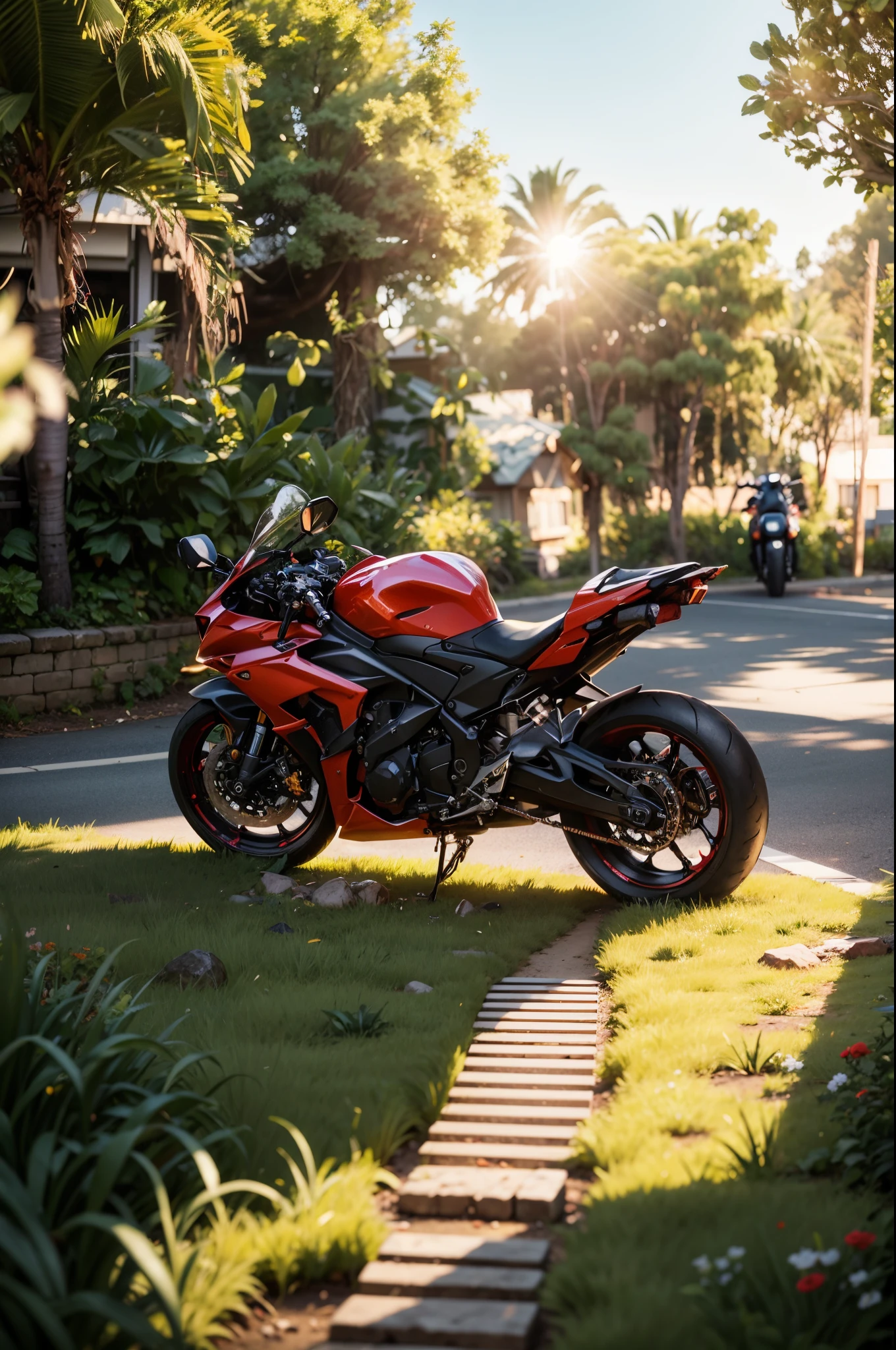 there is a motorcycle parked in the grass in the yard, front side full, taken with sony alpha 9, motorcycle, taken with sony a7r camera, motorbike, r6, photo taken with sony a7r, taken with canon 5d mk4, white red, taken with canon eos 5 d mark iv, ryuko matoi