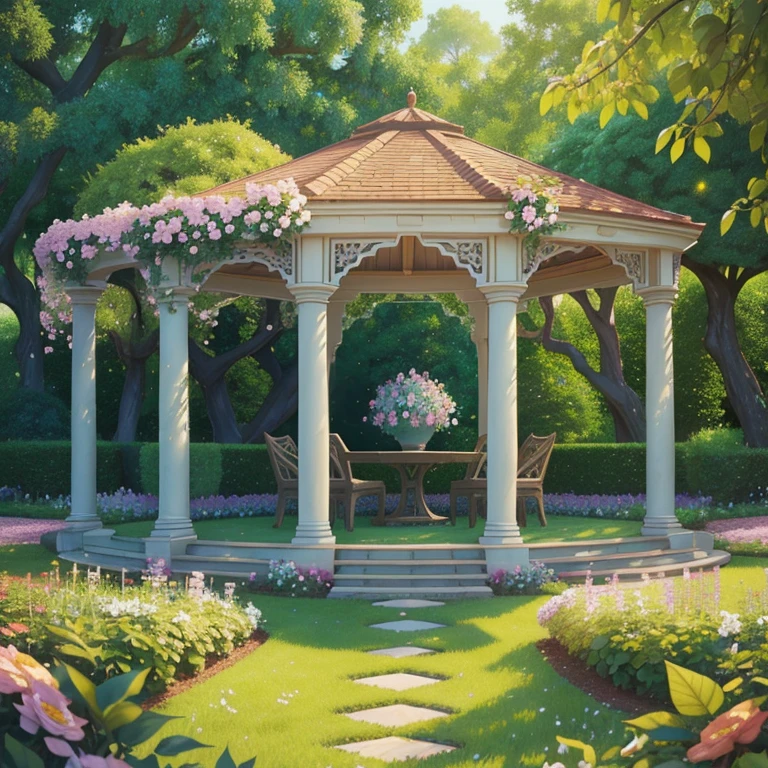 There is a gazebo，tas&#39;full of flowers and vines, royal garden background, beautiful render of a fairytale, , beautiful high resolution, Garden background, dreamy and detailed, Detailed view – width 672, background artwork, high detal), well rendered, floral environment, pillar, Beautiful image, realistic garden, enchantedgarden, gazebo, arbor