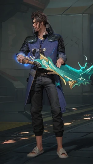 there is a man holding a sword in a video game, holding jagged scimitar, with leviathan axe, style of starfinder, full portrait of electromancer, holding ego weapons, holding a magic staff, mechanic punk outfit, skinny male fantasy alchemist, cyberpunk street goon, thin male alchemist, thin young male alchemist, starfinder character, glaive, holding dagger