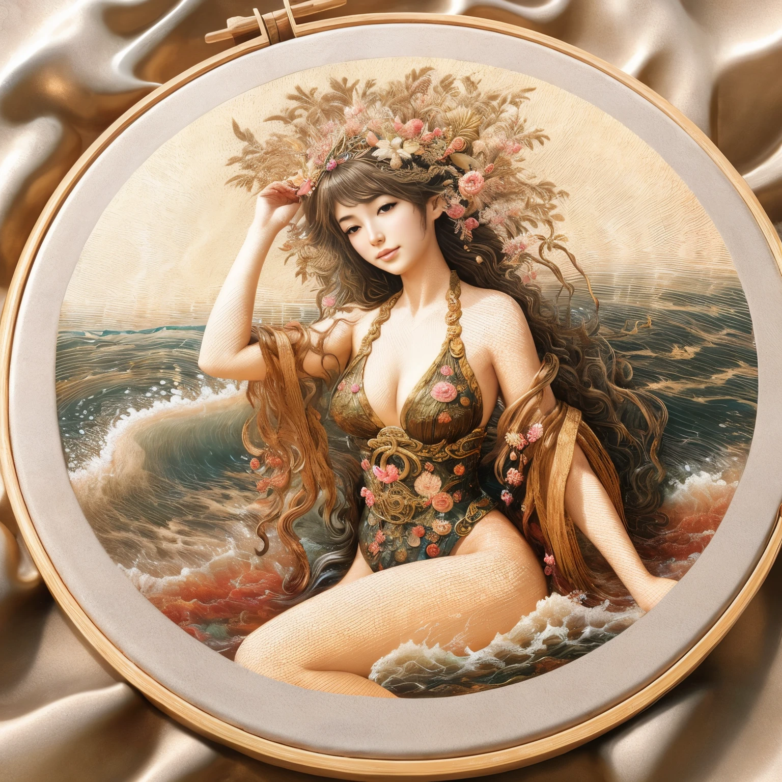 Arafi photo of a woman wearing a swimsuit and sitting on the beach, goddess of Japan, goddess of the sea, Goddess. extremely high detail, goddess of the sea, a beautiful fantasy empress, goddess of summer, goddess of summer, japanese art style, 8k high quality detailed art, beautiful digital works of art, karol bak uhd, detailed painting 4 k