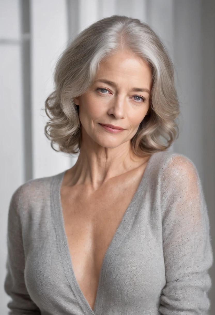 1Fille 50 ans, 3/4 length actor promo portrait photo, extra long luxurious extra curly white to light gray hair, middle aged Charlotte Rampling lookalike, visible wrinkles and other signs of aging, medium sized round upward pointing 36C breasts , Regarder camera, light gray to white hair, loose curly hairstyle, intense blue eyes, Joaillerie, corps entier entier, Collier, Schulterfrei, chandail, minora, Realstic, nez, Rue de nuit, sexy, 3/4 length photo from the thighs up, small tight cardigan worn without t-shirt or Bea, clearly visible nipples visible through the sweater, faded thread bare hiphugger skinny jeans, exposed navel and belly and groin, f/5.6, bright industrial conversion photo studio out of focus in the background with dramatic 2-spot-lights-pointing down light and shadow effects on the walls and floor, old factory windows visible and out of focus in the background,