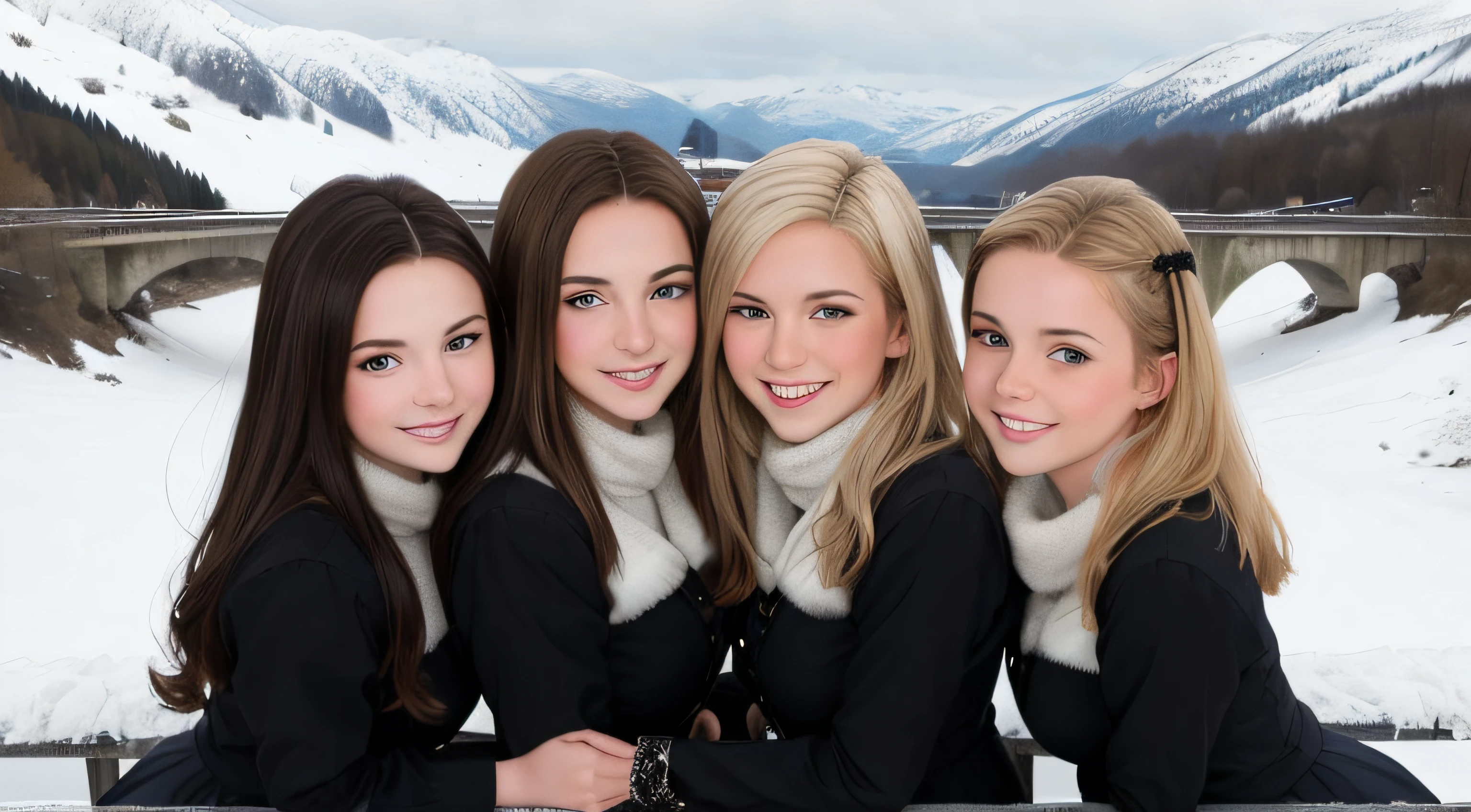 ((best quality)), ((Meisterwerk)), (Detailliert), Perfektes Gesicht, a group of 3 young VAMPIRE GIRLS, 15 bis 20 Jahre alt, portrait, MIT SEHR LANGEN GLATTEN BLONDEN HAAREN, portrait, stehen im Schnee umeinander, on a bridge over a valley, Smileing, schwarzer Overall