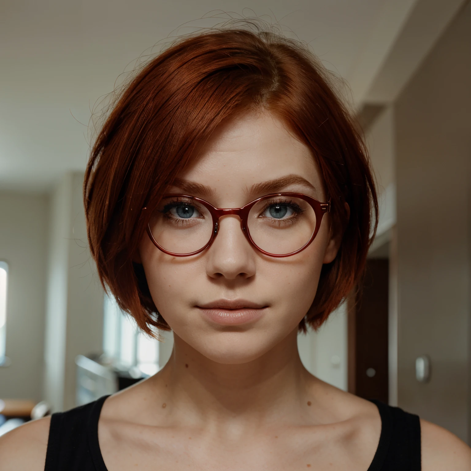 a photo of a girl's face with freckles and round glasses,
(red hair:1.2), short hair, bangs, messy hair,
smiling,
shiny, shiny hair, shiny skin, shiny clothes, masterpiece, extreme details, detailed, focus, masterpiece, realistic, photorealistic, 4k, 8k, 16k, highres