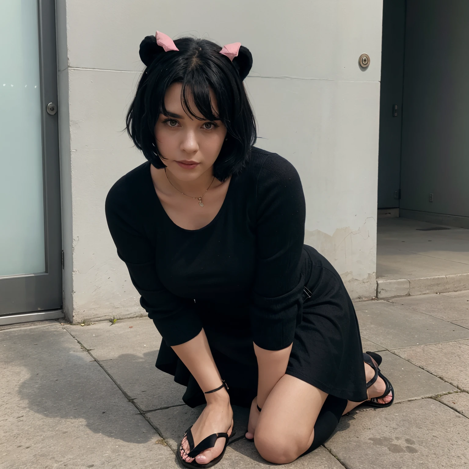 The woman has short black hair and blue horns, wears a long-sleeved black dress with a short skirt and wears pink bear sandals