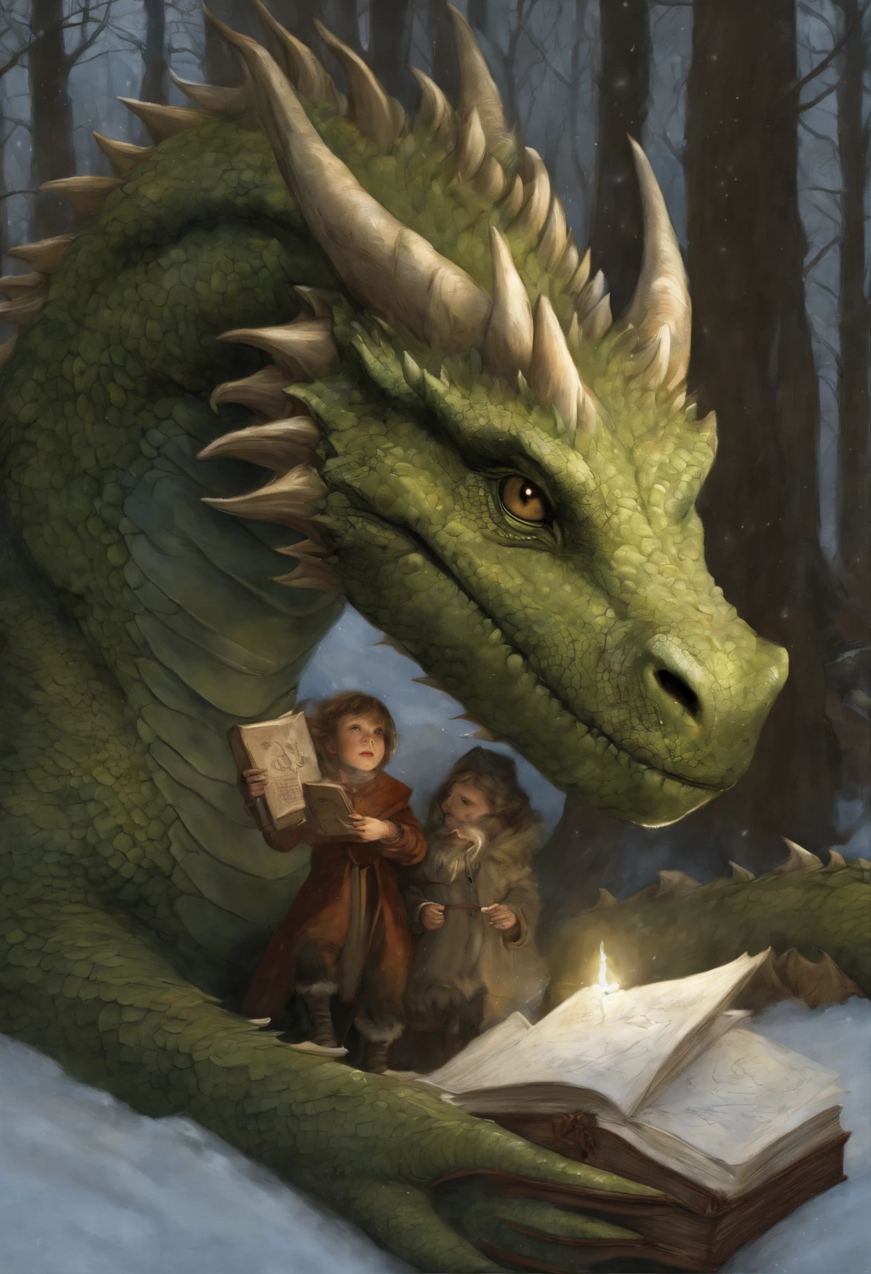 真实感, Fantastic tale, John Tolkien style, Christmas style, Small painting by Jean-Baptiste Monge, little dragons are born, ass egg, the muzzle sticks out of the egg, Dragon eggs, Baby dragons, little dragons, dragon children, huge christmas tree, dragons under the tree, garlands of stars, Fantasy tale., book illustration , woods, Fairytale Forest, forest houses, ,christmas night, The stars are shining, realistic fantasy illustration, dragon art, D&d Commission Art Dragon, anthro dragon art, European Dragon, Portrait of a Dragon, Tarragon Vore Art, Anthropomorphic dragon, Ultraterrestrial Dragons, Jean-Baptiste Monge, anthropomorphic --ar 2:3 --testp -optimistic;
