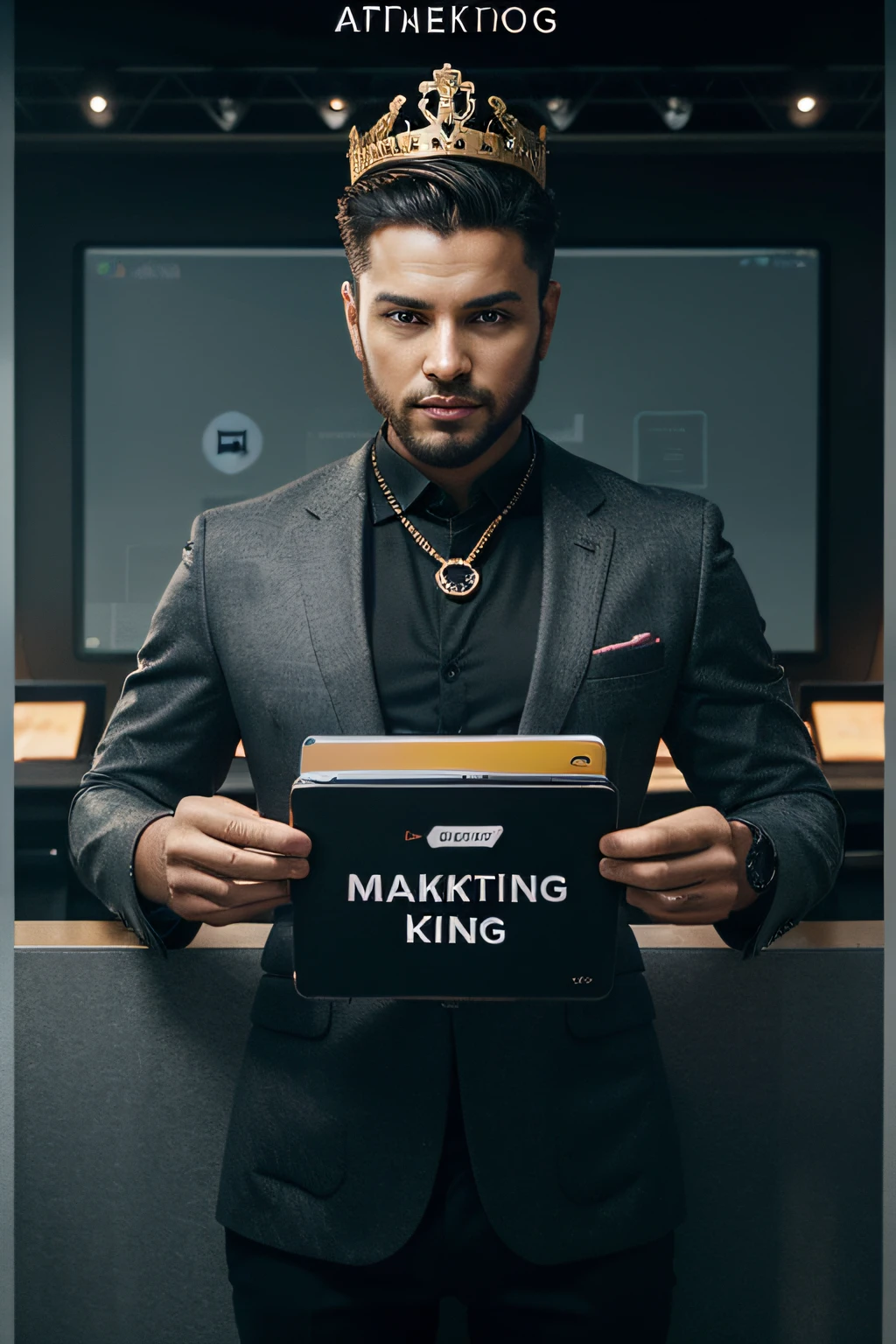 Create an engaging and eye-catching ebook cover for 'Affiliate Marketing King: A Beginner's Guide to Digital Profits.' Think bold, modern, and empowering. Incorporate relevant visuals like a crown or digital marketing icons. Capture the essence of success in the affiliate marketing world.