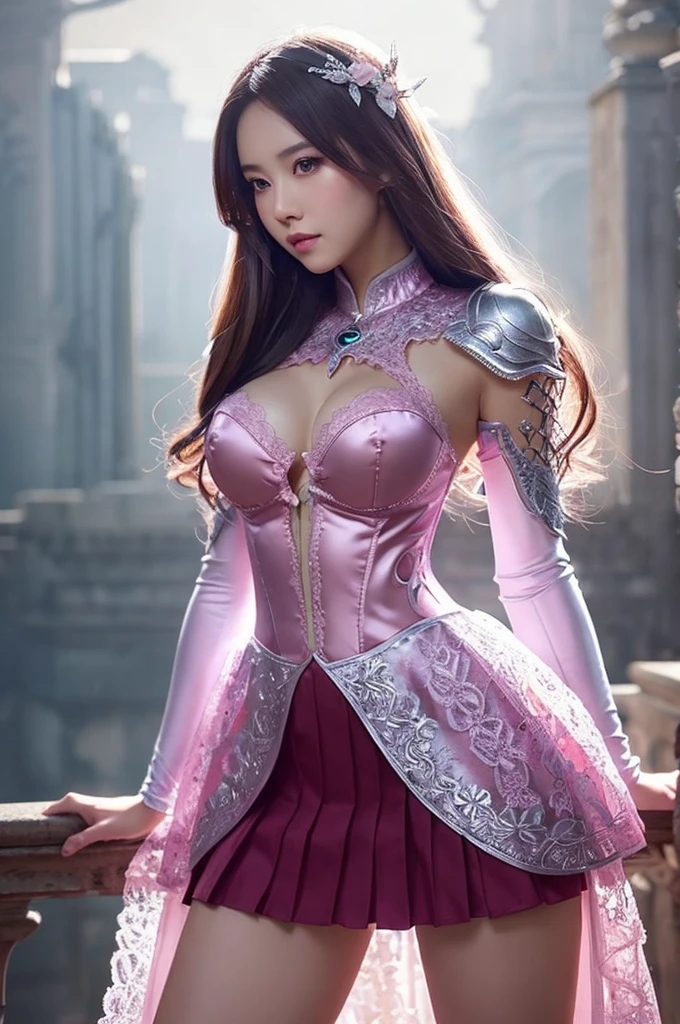 Sexy woman wearing platinum and pink lotus lace armor dress, chengwei pan on artstation, author:Hero, detailed fantasy art, Stunning character art, Fan Art Best Art Station, Epic and beautiful character art, beautiful armor, Very detailed ArtGerm, detailed digital anime art, Artgerm on ArtStation Pixiv, Armor Maiden, Bigchest:1.2, (mini-skirts:1,5)