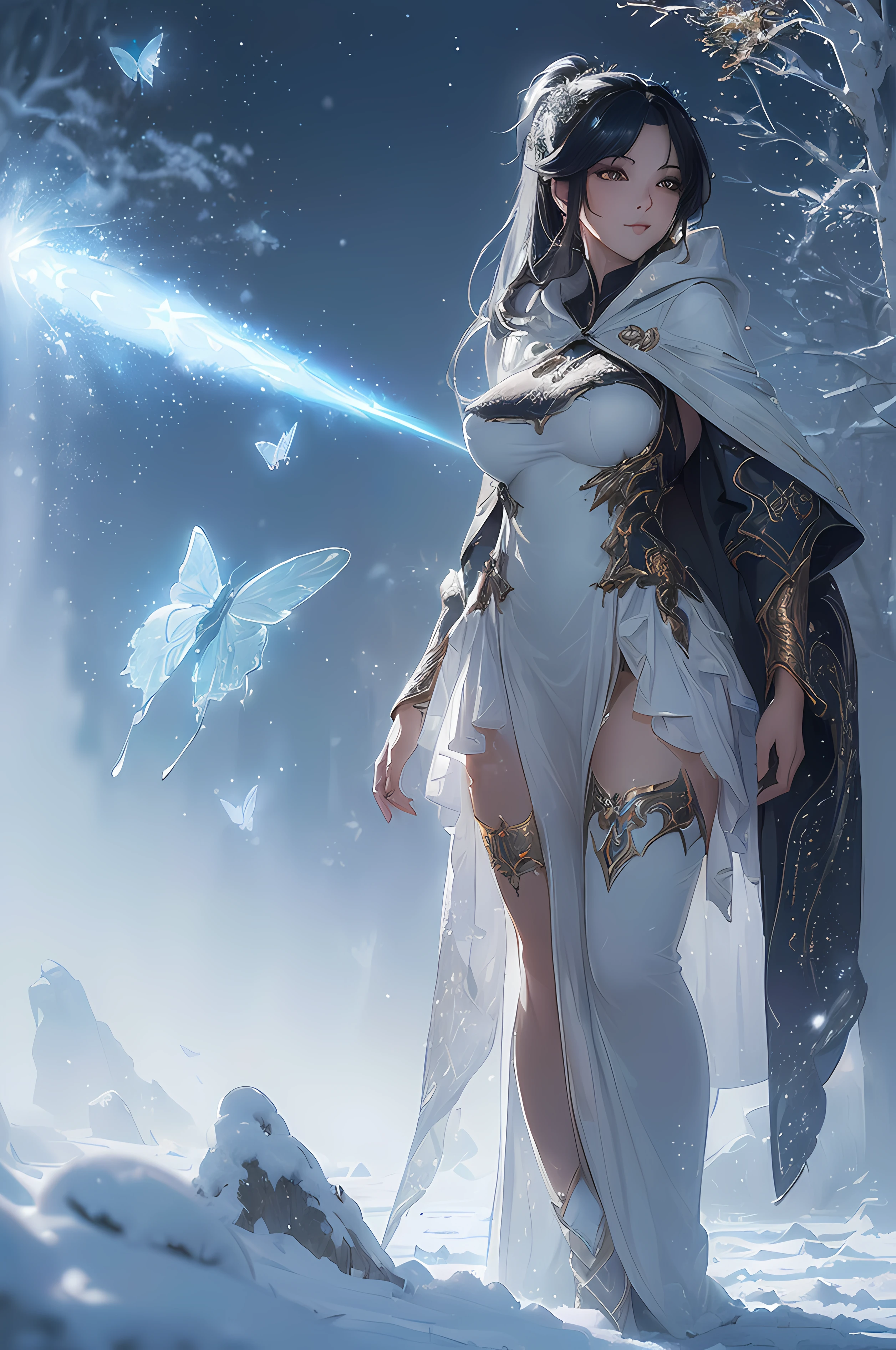A beautiful woman, mysterious, ((((realistic oil art, 46-year-old Empress, mysterious vibe, vibrant look, (( mystery, mysterious, )), (( soft gray details, soft gray full dress hoodie)), 1girl, masterpiece, extremely detailed, (beautiful detailed glow), lens flare, red flare lens, moon flare, clouds, backlighting, (soft blue sky)
, light from behind, shadow on the figure, sparkling snow ,smile, laughter, standing in the distance, looking at the viewer, full-length
, elegance under the moon, hair ornament, movement motion, image look alive, perfect body figure, very big breast, very big ass, beautiful face, milf, royal, black color hair, silky hair, shining hair, shine eyes, golden eyes, ponytail long hair style, beautiful skin, Extremely details hair, fine details, cinematic lighting, beautiful lighting effect, creative design, full body frame, divine aura, hard harmony , moon light, perfect color transition, perfect balance of contrast, perfect color layer, perfectly smooth color blur, soft rendering, smooth color stroke, moon glare, optic lens, moonlight ray, soft colors, smooth colors blend, perfect color rendering, harmony, perfect color harmony, beautiful color, soft harmony, light particles, perfect details, intricate details, color prism, fine details, refine details, different view point, extremely details clothes))), Tachibana Omina art style, mysterious eyes gaze, half a smile, slightly open mouth, a mysterious expression on the face, mysterious scene under the shadow, snow flake floating around, shadow, calm, breeze and sunlight, sun, lake, reflection, in the background, butterflies in the sky, shining butterflies, realism, ((Best quality))),8k,((Masterpiece)),(Extremely refined and beautiful)