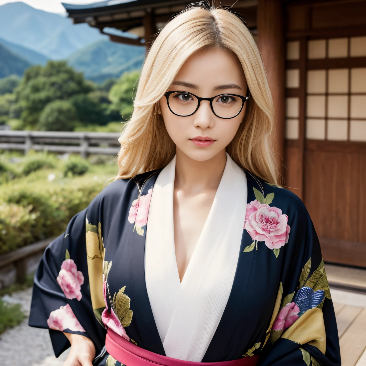 Best-quality, Masterpiece, Ultra-High-Resolution, (Photorealistic:1.4), Raw-Photo, Extremely-Details, Perfect-Anatomy,
1girl, the most famous Japanese actress, wearing only luxurious colorful Japanese KIMONO and glasses with cool design, smoking a cigarette in idyllic rural village in Japan, very furious,
extremely beautiful face, extremely beautiful large black solid circle eyes, extremely beautiful blonde hair, extremely beautiful lips, extremely beautiful realistic white skins