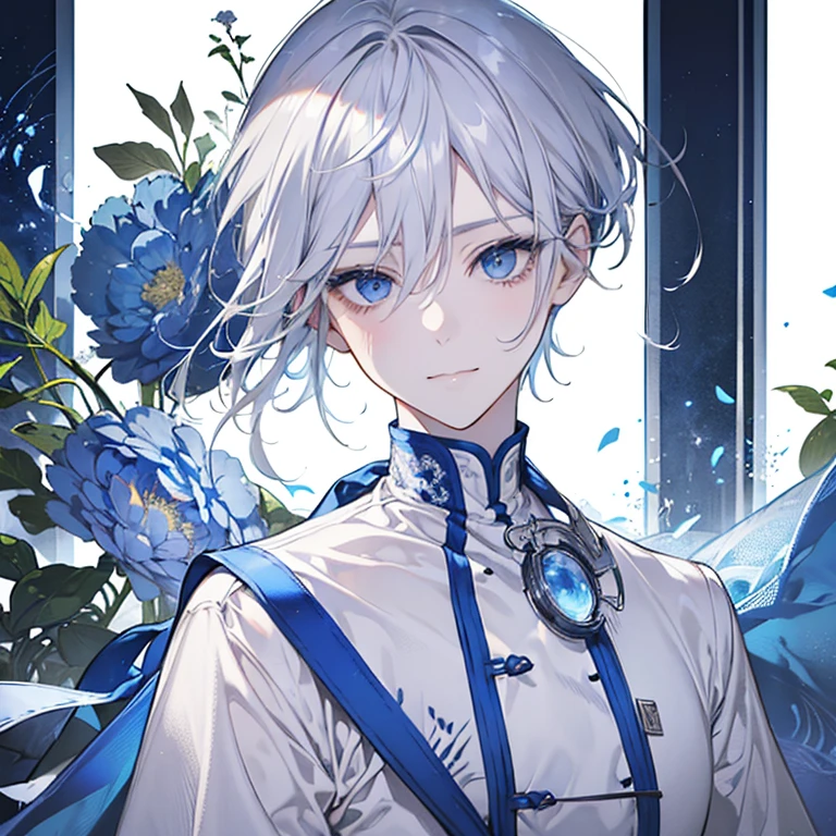 Gray hair、beautiful hairl、short-hair、Cuticle hair、Blue eyes、((A slight smil))、Calm、Gentle、Full body like、Manteau blanc、experiment、scientist、veggies、White background
