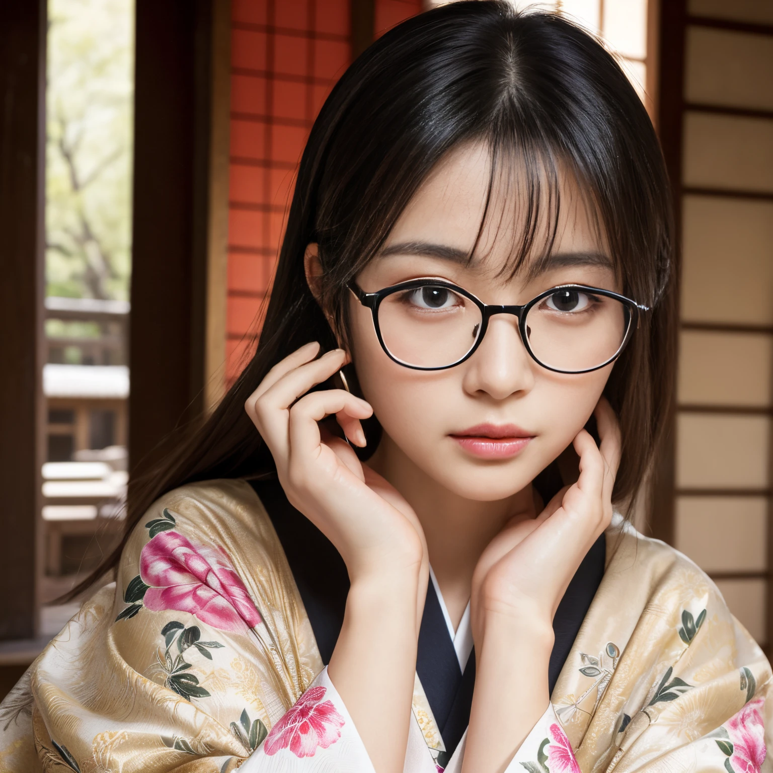 Best-quality, Masterpiece, Ultra-High-Resolution, (Photorealistic:1.4), Raw-Photo, Extremely-Details, Perfect-Anatomy,
1girl, the most famous Japanese actress, wearing only luxurious colorful Japanese KIMONO and glasses with cool design, smoking a cigarette in idyllic rural village in Japan, veryluxurious colorful Japanese KIMONO, detailed glasses with cool design, furious,
extremely beautiful face like a most popular Japanese actress, extremely beautiful large black solid circle eyes, extremely beautiful blonde hair, extremely beautiful lips, extremely beautiful realistic white skins