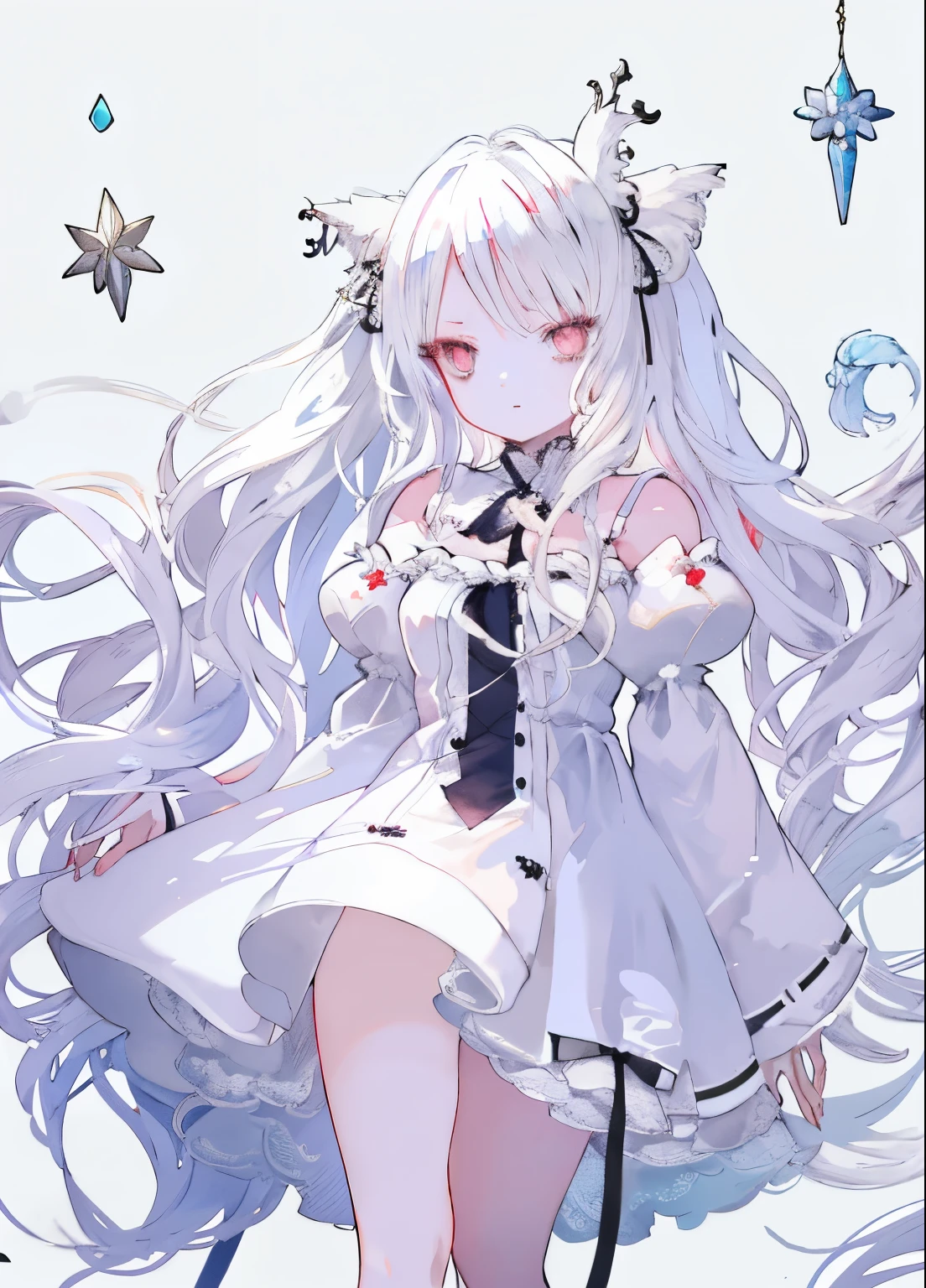 1girll, 独奏， Red Eyes，white haired god，Long whit hair，head gear，Best Shadow, shallowdepthoffield, stunningly beautiful girl, Petite, Delicate, beautiful attractive face, masutepiece, Best Quality,Sprinkle with artistic loli　I&#39;m in a snowy town