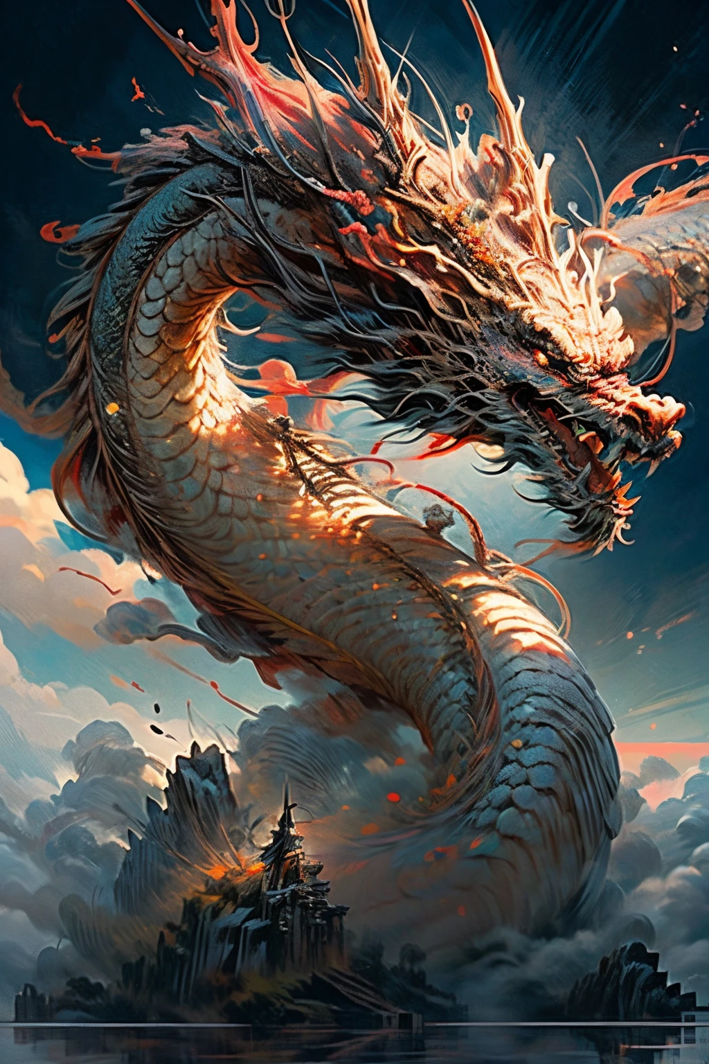 (foto RAW, melhor qualidade), (realista, foto-realista: 1.3), extremamente delicado e belo, Awesome, finamente detalhe, obra-prima, ultra-detalhado, highres, (best illustration), (melhor sombra), intrincado, A Chinese monk stands atop a mountain peak shrouded in mist, longos cabelos negros, (usando longas vestes brancas), com detalhes azuis e vermelhas, his right hand raised diagonally, empunhando uma espada longa, from the back, in front of a gigantic dark blue Chinese dragon, (loong: 1.4), nuvens, tempestade, montanhas, sun sunset, foco nítido, Volumetric mist, 8k UHD, DSLR, alta qualidade, (grain of film: 1.4), Fujifilm XT3,