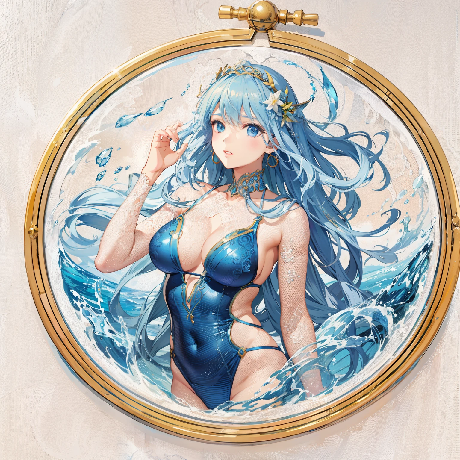 embroideries、Arafi image of a woman wearing a blue swimsuit with hoops, goddess of the sea, a beautiful artwork illustration, goddess of the sea, cute detailed artwork, goddess of summer, highly detailed exquisite fanart, beautiful anime artwork, beautiful alluring anime woman, Exquisite digital illustration, beautiful digital works of art, goddess of summer, beautiful anime woman, Detailed anime artwork